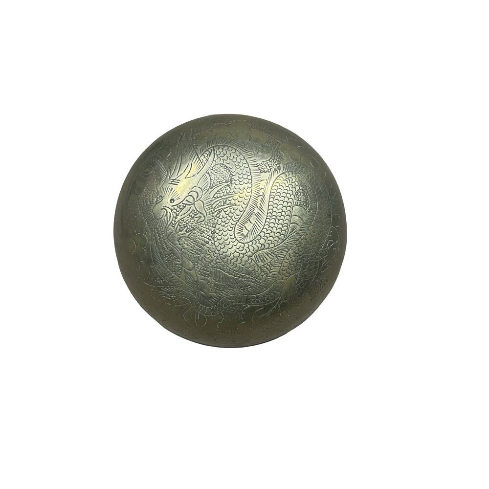 Vintage Small Round Etched Dragon Brass Jewelry Trinket Box